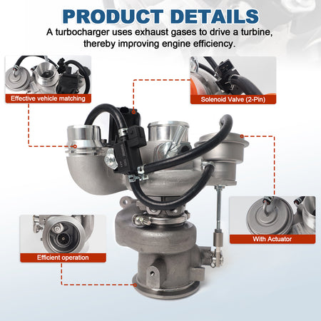 Btscar WLZY-002 turbocharger product details highlighting 2-pin solenoid valve and actuator for 1.5L Chevy Equinox GMC Terrain.