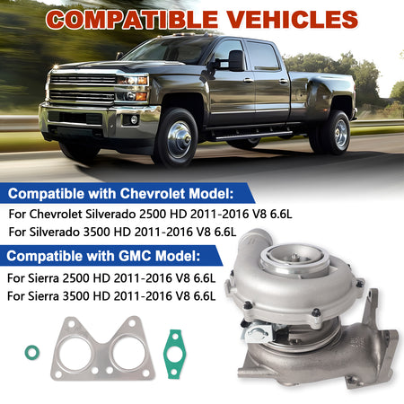 Btscar WLZY-003 VGT turbocharger vehicle fitment list for 2011-2016 Chevy GMC Silverado Sierra 2500HD 3500HD 6.6L LML Duramax.