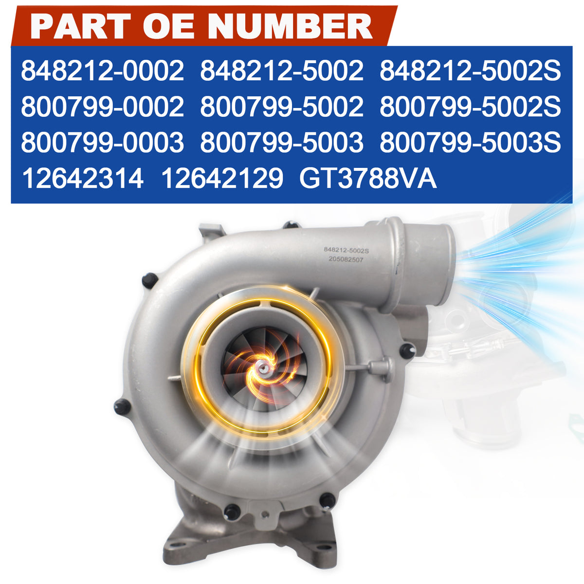 Btscar WLZY-003 VGT turbocharger OE replacement part numbers for 2011-2016 Chevy GMC 6.6L LML Duramax diesel.