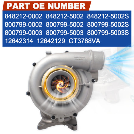 Btscar WLZY-003 VGT turbocharger OE replacement part numbers for 2011-2016 Chevy GMC 6.6L LML Duramax diesel.