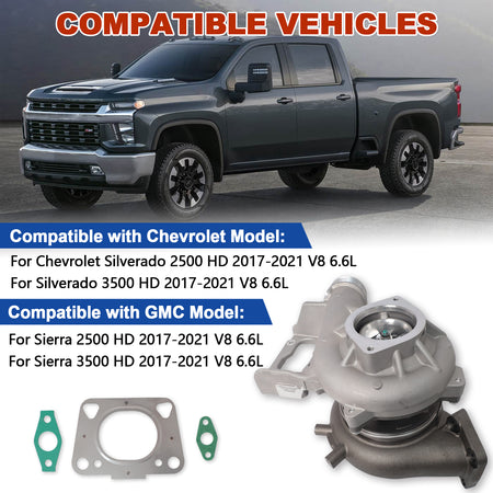 Btscar WLZY-004 turbocharger vehicle fitment list for 2017-2021 Chevy Silverado GMC Sierra 2500HD 3500HD 6.6L L5P Duramax diesel.