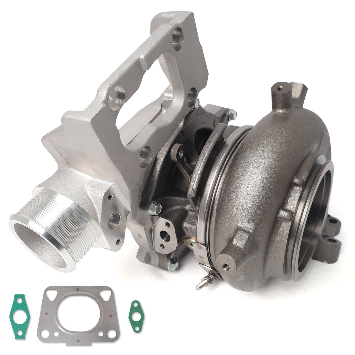 Btscar WLZY-004 turbocharger exhaust housing side view for 2017-2021 Chevy Silverado GMC Sierra 2500HD 3500HD 6.6L L5P Duramax diesel.