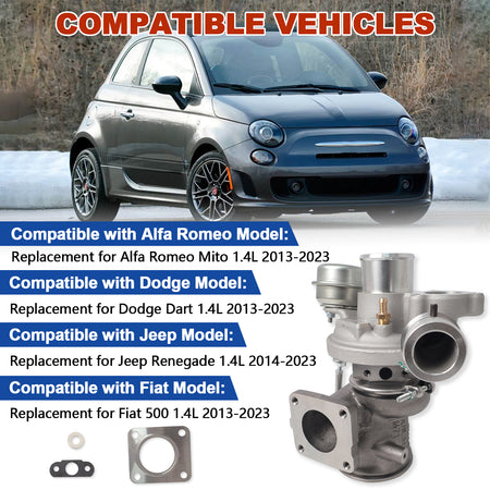 Btscar WLZY-009 turbocharger vehicle fitment for FCA 1.4L MultiAir Fiat 500, Jeep Renegade, Dodge Dart, and Alfa Romeo Mito.