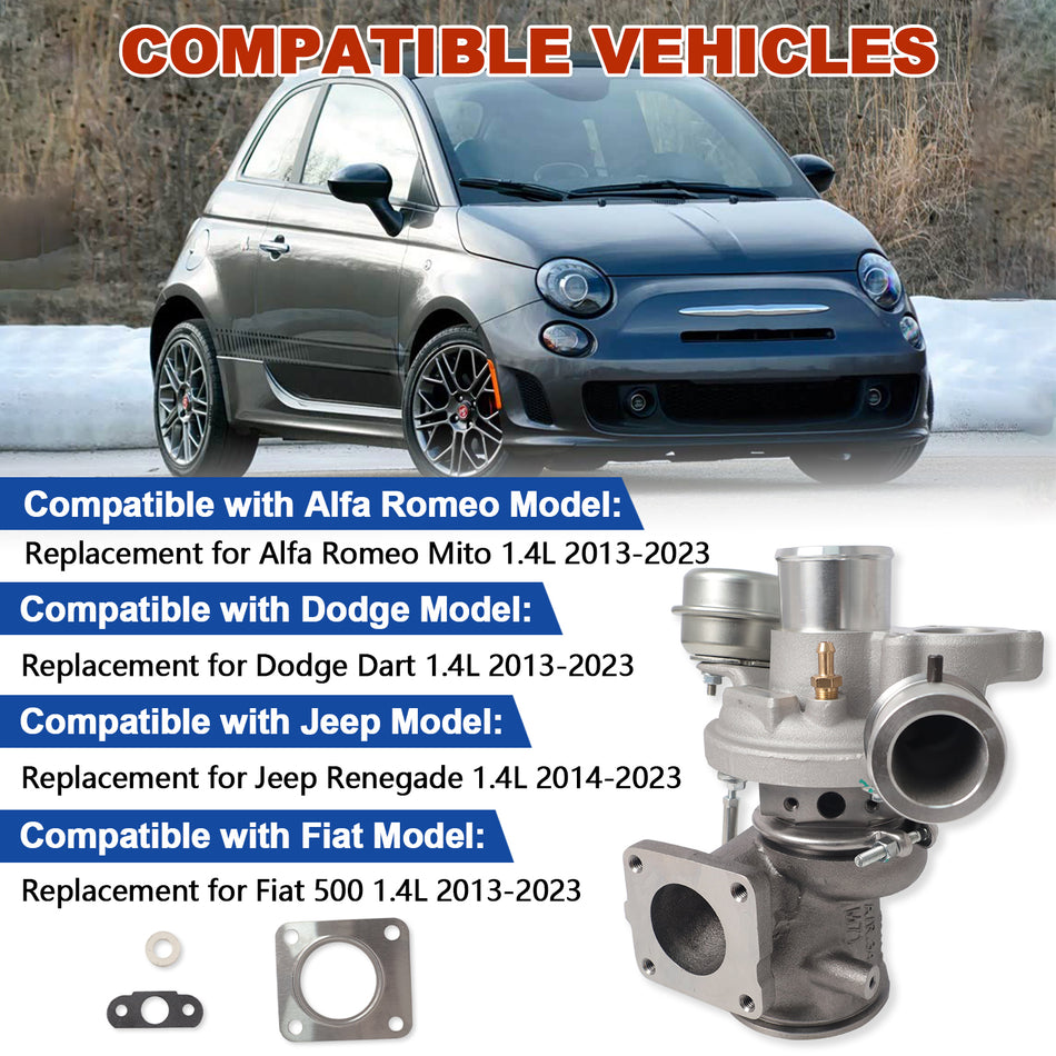 Btscar WLZY-009 turbocharger vehicle fitment for FCA 1.4L MultiAir Fiat 500, Jeep Renegade, Dodge Dart, and Alfa Romeo Mito.
