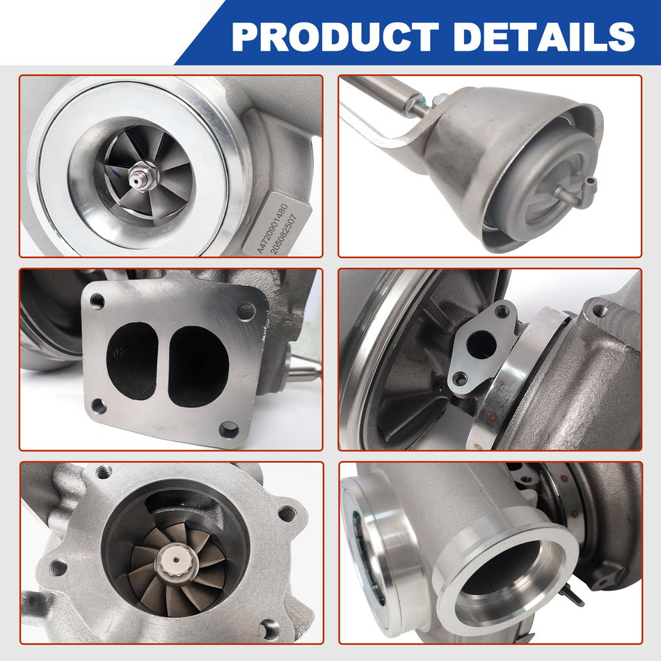 Btscar WLZY-010 turbocharger product details showing turbine wheel, wastegate actuator, and exhaust flange for Detroit DD15 14.8L.