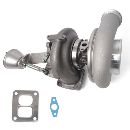 Btscar WLZY-010 Detroit Diesel DD15 turbocharger showing the wastegate actuator rod and mounting bracket for Freightliner Cascadia.