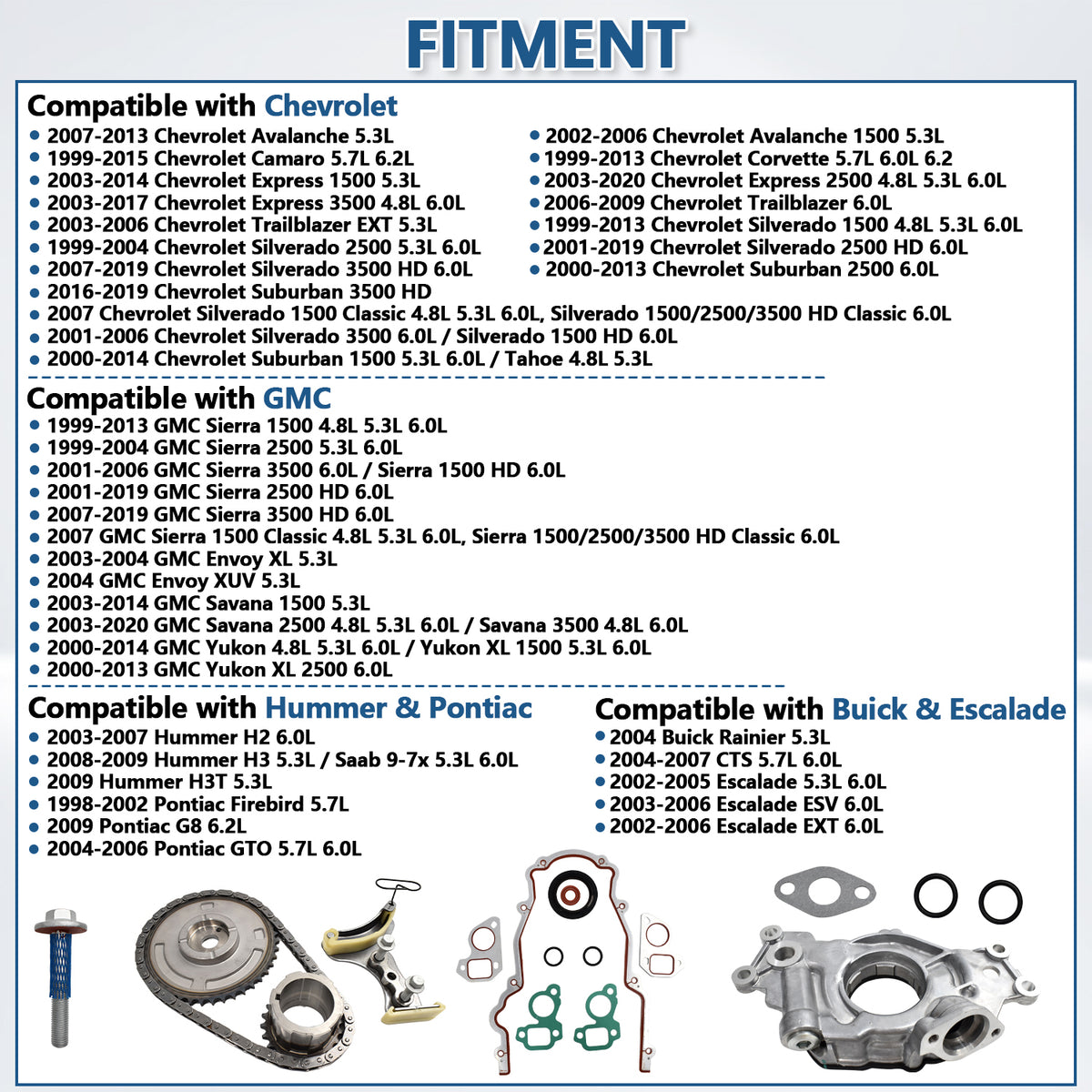 Comprehensive fitment list for Btscar YBKIT-002 Oil Pump Timing Kit GM Chevy GMC Pontiac LS V8