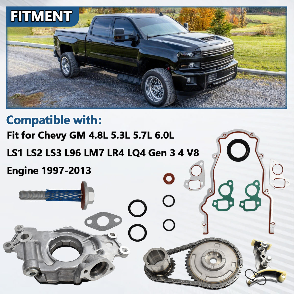 Vehicle fitment for Btscar YBKIT-002 M295HV Oil Pump Timing Set Chevy Silverado GM 4.8L 5.3L 6.0L V8