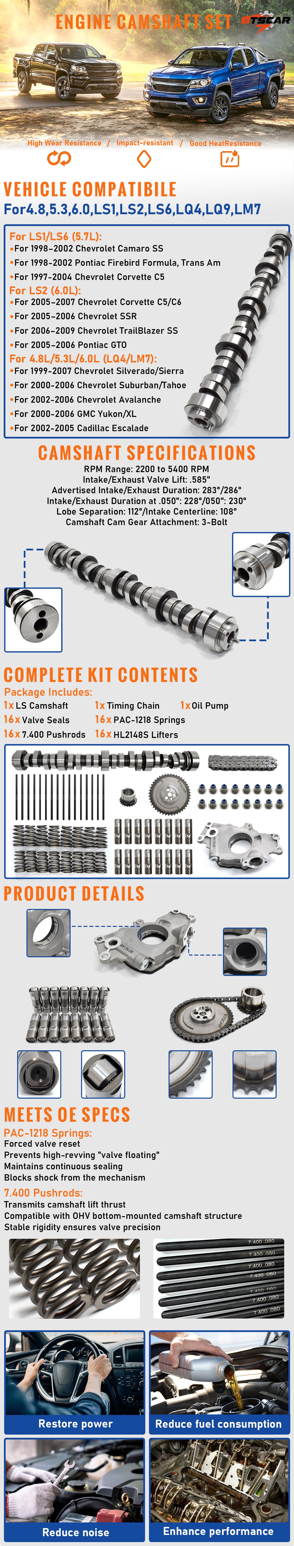 1997-2007 Chevy/GMC LS1 LS2 LS6 E1840P Stage 2 Standard Camshaft & Lifter Kit (.585